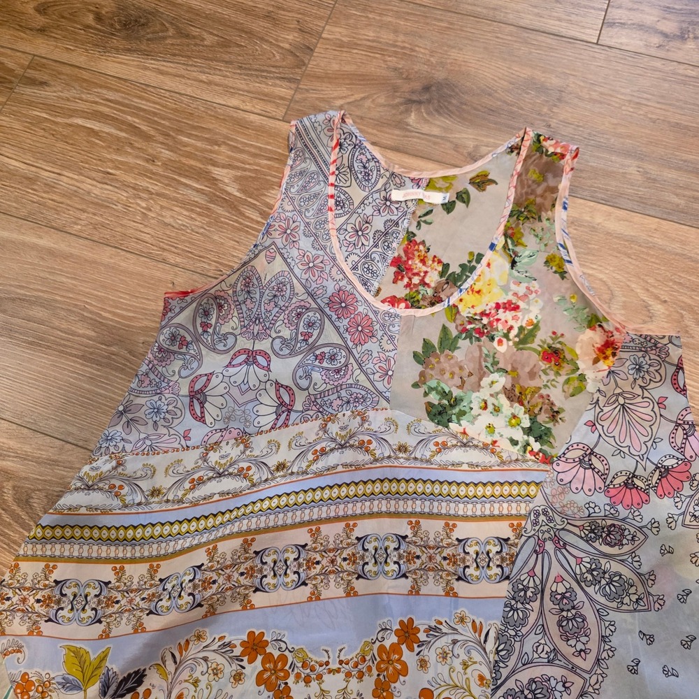 Johnny Was Boho Patchwork Silk Tunic Paisley Floral Slip Layering Pastel Sz M - Picture 7 of 9